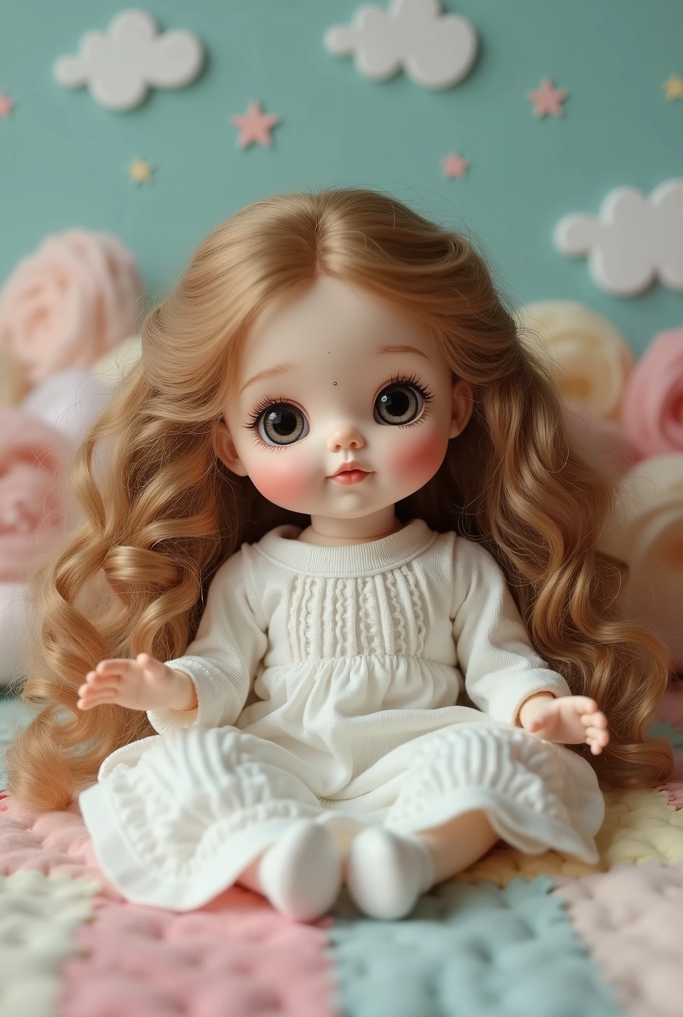 White doll with curly golden brown hair, long eyelashes and almond-shaped eyes