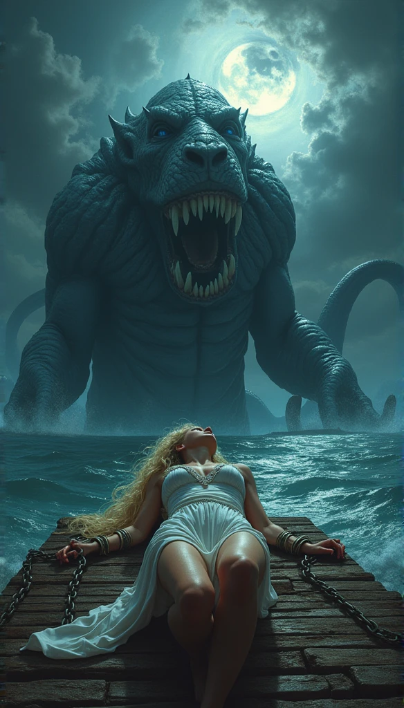 (Best Picture Quality, 4k, 8k, Hi-Res, Masterpiece:1.2), (Ultra-Detailed, Realistic, Graphic:1.37), (Severe Situation:1.1), (A scene from ancient Greek mythology, beautiful Princess Andromeda sacrificed by a monster:1.2), ((Lying on her back on a sacrifice table on a wharf:1.5)), a blonde with chains around her wrists Large shot of Andromeda, a beautiful naked woman with blue eyes, from behind. (shackles on her hands with chains attached:1.6), (Andromeda looks in anguish:1.1), In the distance, the upper body of a giant man-eating monster, the Kraken, emerges from the sea, a life-threatening scene; Medium: Illustration, Detailed Illustration, Digital Illustration, Strong Shadows (strong texture:1.1), detail: (eerie atmosphere, eerie clouds, celestial ladder reaching out from between the clouds, dark lighting, murky seawater:1.2), detail: desperate expression of the princess, terrifying eyes, scarred bare feet, rippling muscles of the monster's upper body, scales shining in the sunlight on the monster's body; artistic style: dark Fantasy, terrifying mythical creatures, dramatic composition Color palette: eerie Lighting: eerie moonlight casts unforgettable shadows; spotlight illuminates princess and monster; (amazingly powerful and realistic composition by Greg Rutkowski:1.2)