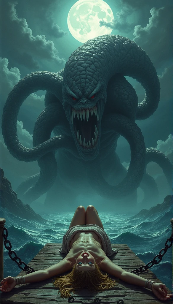 (Best Picture Quality, 4k, 8k, Hi-Res, Masterpiece:1.2), (Ultra-Detailed, Realistic, Graphic:1.37), (Severe Situation:1.1), (A scene from ancient Greek mythology, beautiful Princess Andromeda sacrificed by a monster:1.2), ((Lying on her back on a sacrifice table on a wharf:1.5)), a blonde with chains around her wrists Large shot of Andromeda, a beautiful naked woman with blue eyes, from behind. (shackles on her hands with chains attached:1.6), (Andromeda looks in anguish:1.1), In the distance, the upper body of a giant man-eating monster, the Kraken, emerges from the sea, a life-threatening scene; Medium: Illustration, Detailed Illustration, Digital Illustration, Strong Shadows (strong texture:1.1), detail: (eerie atmosphere, eerie clouds, celestial ladder reaching out from between the clouds, dark lighting, murky seawater:1.2), detail: desperate expression of the princess, terrifying eyes, scarred bare feet, rippling muscles of the monster's upper body, scales shining in the sunlight on the monster's body; artistic style: dark Fantasy, terrifying mythical creatures, dramatic composition Color palette: eerie Lighting: eerie moonlight casts unforgettable shadows; spotlight illuminates princess and monster; (amazingly powerful and realistic composition by Greg Rutkowski:1.2)