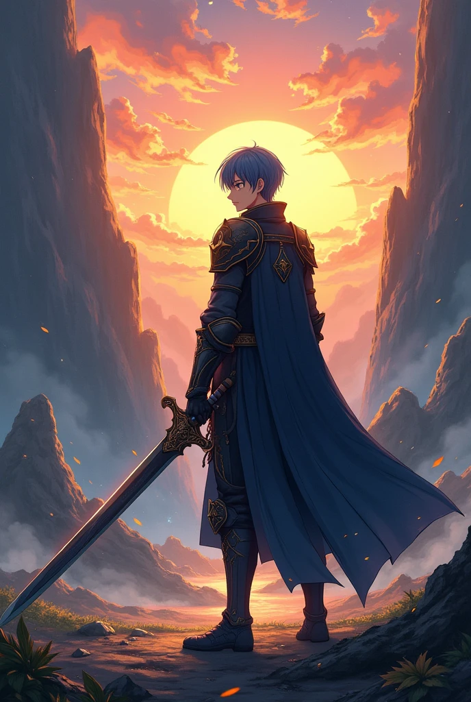 Anime young man, short and straight hair, 1.80 meters tall, 19 years old, with big greatsword, blue hair, golden eyes and pitch black armor.