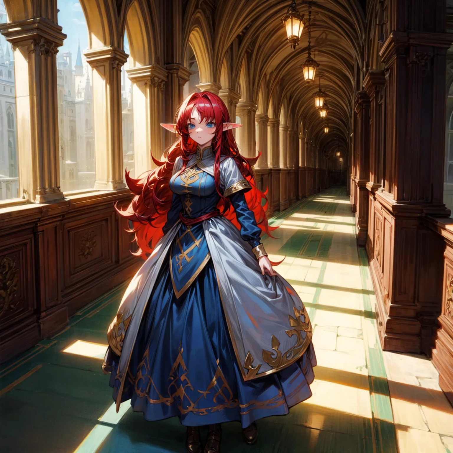 Solo character, full body version, young girl, (elf), blue eyes, red color hair, long Curly haircut, His hair covered his eyes, dress princess outfit, indoor, street corridor, Castle, medieval, detailed background, detailed clothing, detailed hair, standing gesture, (Hunter x Hunter style art), big breast