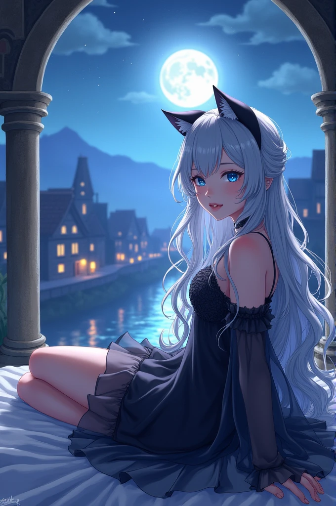 [[[ Very detailed, Highest quality, Soft Skin, beautiful, 4K]]], (Masterpiece 2.1) Anime art style, Fantasy World, One person, Blue Eyes, bluish white hair, Black cat ears, A translucent black separate dress, Wavy Long Hair, mature, A gentle smile, Lie down on the bed, Medieval streetscape, Moonlit Night, Distant view of mountains and rivers