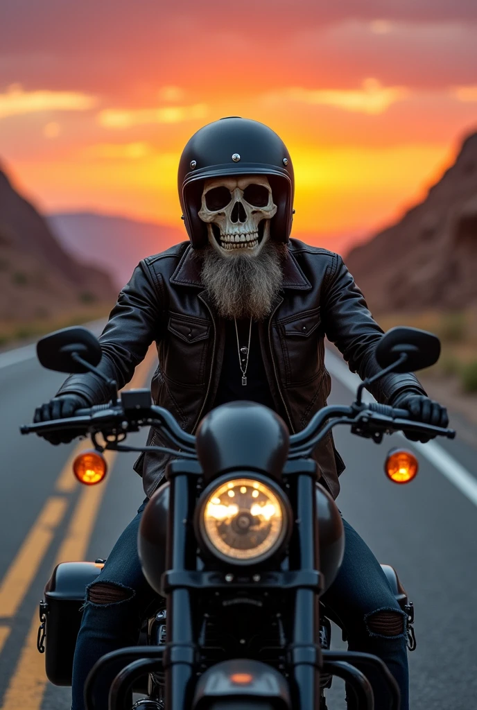 A skull with a beard, motorcycle helmet, leather vest, wearing ripped jeans and black boots, sitting on a black motorcycle, lowrise, with high handlebars and side bags, on the highway with the sunset in the background.