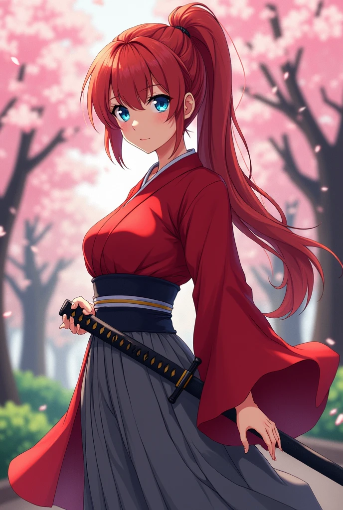 Anime, Japanese woman in a kimono, with blue eyes, red hair, long hair in a ponytail, gray hakama pants, crimson clothes, a katana on her left hip, large breasts, and a big butt.