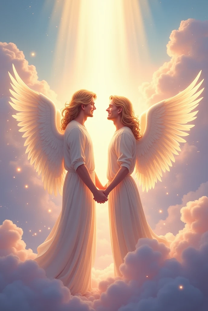 02 male angels in heaven greeting each other 