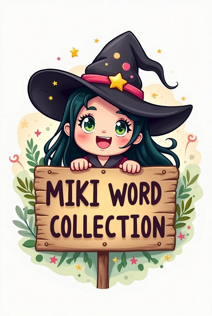 Create a logo drawn with the face of a cute witch with a sign that says:MIKI WORD COLECCTION
