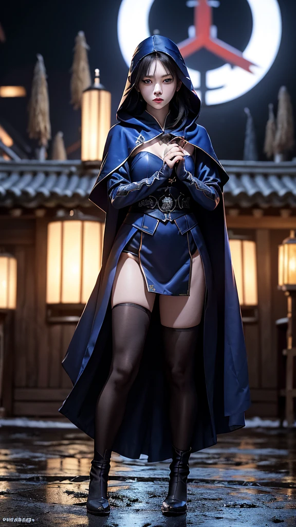 South korea assassin women mystery hooded on with modern royal Blue coat with long and wide sleeves with buttons and royal Blue cape and very high white heel over the knee and white gloves, As she reveals a small secret hidden blade coming from his palm , adding to the character's mysterious and agile appearance, with small movements of air on the cape, jump from roof to roof, in summer at night under the rain,medieval south korea house. sophisticated and highly detailed, ultra hd, realistic, hyper detailed, enhanced colours, ultra sharp focus, with vibrant, rich in details High quality, gorgeous, captivating, 8k, super detailed, stunning shadows, detailed lines, blood stain on coat and gloves, corpses in the street recently murdered