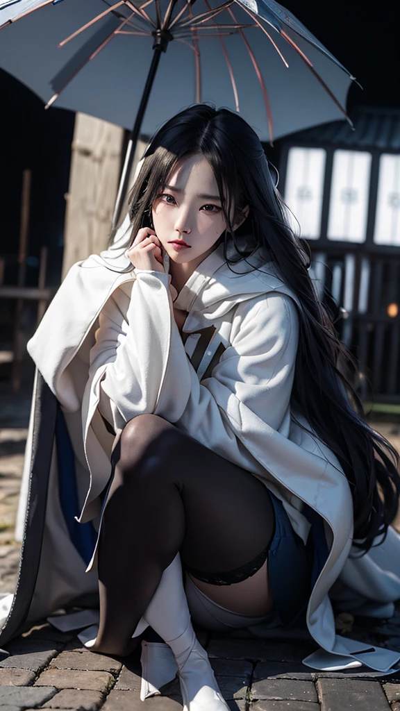 South korea assassin women mystery hooded on with modern royal Blue coat with long and wide sleeves with buttons and royal Blue cape and very high white heel over the knee and white gloves, As she reveals a small secret hidden blade coming from his palm , adding to the character's mysterious and agile appearance, with small movements of air on the cape, jump from roof to roof, in summer at night under the rain,medieval south korea house. sophisticated and highly detailed, ultra hd, realistic, hyper detailed, enhanced colours, ultra sharp focus, with vibrant, rich in details High quality, gorgeous, captivating, 8k, super detailed, stunning shadows, detailed lines, blood stain on coat and gloves, corpses in the street recently murdered