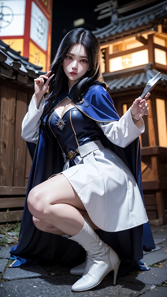 South korea assassin women mystery hooded on with modern royal Blue coat with long and wide sleeves with buttons and royal Blue cape and very high white heel over the knee and white gloves, As she reveals a small secret hidden blade coming from his palm , adding to the character's mysterious and agile appearance, with small movements of air on the cape, jump from roof to roof, in summer at night under the rain,medieval south korea house. sophisticated and highly detailed, ultra hd, realistic, hyper detailed, enhanced colours, ultra sharp focus, with vibrant, rich in details High quality, gorgeous, captivating, 8k, super detailed, stunning shadows, detailed lines, blood stain on coat and gloves, corpses in the street recently murdered