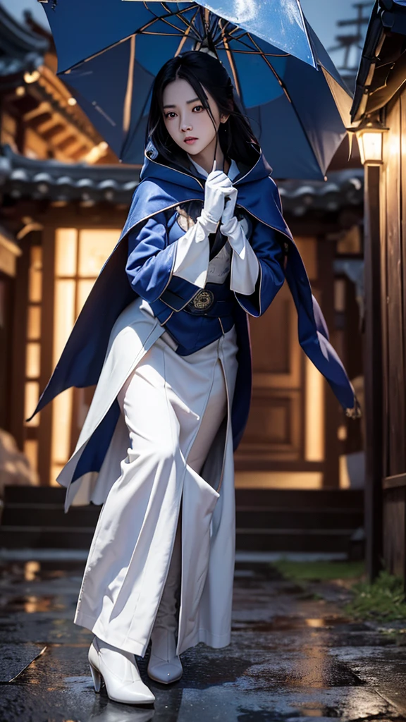 South korea assassin women mystery hooded on with modern royal Blue coat with long and wide sleeves with buttons and royal Blue cape and very high white heel over the knee and white gloves, As she reveals a small secret hidden blade coming from his palm , adding to the character's mysterious and agile appearance, with small movements of air on the cape, jump from roof to roof, in summer at night under the rain,medieval south korea house. sophisticated and highly detailed, ultra hd, realistic, hyper detailed, enhanced colours, ultra sharp focus, with vibrant, rich in details High quality, gorgeous, captivating, 8k, super detailed, stunning shadows, detailed lines, blood stain on coat and gloves, corpses in the street recently murdered