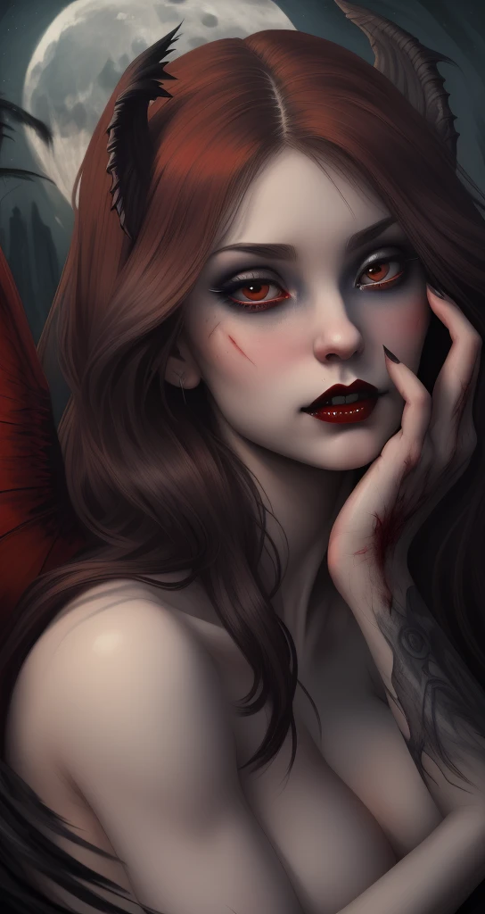 ((Best quality)), ((masterpiece)), (detailed), 8K, (close-up:1.3), digital illustration of a captivating and alluring female vampire, (mesmerizing gaze:1.3), pale porcelain skin, long flowing raven-black hair, (topless:1.3), (blood-red accents:1.2), (subtle fangs:1.1), (translucent wings:1.2), (sinister charm:1.3), ethereal atmosphere, (mystical:1.2), (moonlit backdrop:1.3), dramatic lighting casting captivating shadows, (highly detailed:1.3), (hyper-realistic:1.2), (gothic art style:1.3), (in the style of Victoria Francs), (rich color palette:1.2), (mysterious:1.3) aura, (subdued:0.8) surroundings to enhance the focus on the vampire, (subtle hints of danger:1.1), (sublime:1.2) presence, (delicate:1.1) brushstrokes, (evocative:1.2) composition, nsfw.