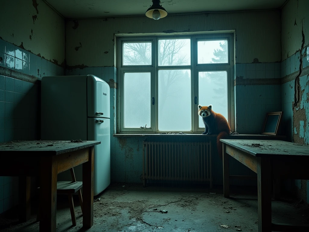 A photo of an abandoned Soviet kitchen. At night, rain and thick fog outside the window. Through the fog you can see tall Soviet panel houses, immersed in darkness. In the center of the photo - an abandoned kitchen. On the floor lie remnants of old linoleum, torn in several places, underneath it you can see the floorboards, covered in a thick layer of dust. In the corner of the kitchen there is one bulky Soviet-era refrigerator with fogged-up glass., on the door - a rusty handle and a detached rubber seal. Next to the refrigerator - a dining group with a huge wooden table, covered in cracks, with stains and a thick layer of dust. On the walls of the kitchen - remnants of Soviet tiles, in some places chipped and revealing black brickwork. Above the stove hangs a single unlit light bulb in a plastic shade, It doesn't burn, its glass is covered in dust. The cupboard doors are broken, behind them you can see a few empty shelves, covered in dust. Window - broken glass. Cold, damp air penetrates through cracks in the glass, but he can't drive away the fog, which filled the entire space of the kitchen. In the center of the room, in half, a red panda with bright red fur sits (a little dusty and disheveled).