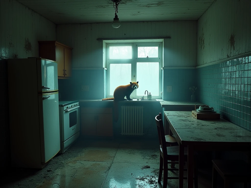 A photo of an abandoned Soviet kitchen. At night, rain and thick fog outside the window. Through the fog you can see tall Soviet panel houses, immersed in darkness. In the center of the photo - an abandoned kitchen. On the floor lie remnants of old linoleum, torn in several places, underneath it you can see the floorboards, covered in a thick layer of dust. In the corner of the kitchen there is one bulky Soviet-era refrigerator with fogged-up glass., on the door - a rusty handle and a detached rubber seal. Next to the refrigerator - a dining group with a huge wooden table, covered in cracks, with stains and a thick layer of dust. On the walls of the kitchen - remnants of Soviet tiles, in some places chipped and revealing black brickwork. Above the stove hangs a single unlit light bulb in a plastic shade, It doesn't burn, its glass is covered in dust. The cupboard doors are broken, behind them you can see a few empty shelves, covered in dust. Window - broken glass. Cold, damp air penetrates through cracks in the glass, but he can't drive away the fog, which filled the entire space of the kitchen. In the center of the room, in half, a red panda with bright red fur sits (a little dusty and disheveled).