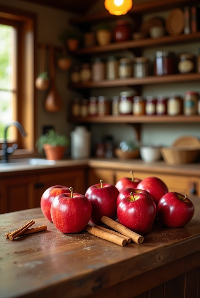 background in the environment with apples and cinnamon, wood and a rich