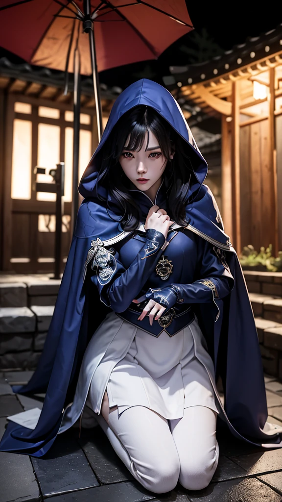 South korea assassin women mystery hooded on with modern royal Blue coat with long and wide sleeves with buttons and royal Blue cape and very high white heel over the knee and white gloves, As she reveals a small secret hidden blade coming from his palm , adding to the character's mysterious and agile appearance, with small movements of air on the cape, jump from roof to roof, in summer at night under the rain,medieval south korea house. sophisticated and highly detailed, ultra hd, realistic, hyper detailed, enhanced colours, ultra sharp focus, with vibrant, rich in details High quality, gorgeous, captivating, 8k, super detailed, stunning shadows, detailed lines, blood stain on coat and gloves, corpses in the street recently murdered