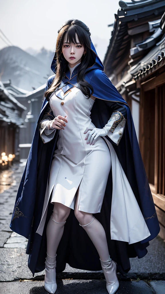 South korea assassin women mystery hooded on with modern royal Blue coat with long and wide sleeves with buttons and royal Blue cape and very high white heel over the knee and white gloves, As she reveals a small secret hidden blade coming from his palm , adding to the character's mysterious and agile appearance, with small movements of air on the cape, jump from roof to roof, in summer at night under the rain,medieval south korea house. sophisticated and highly detailed, ultra hd, realistic, hyper detailed, enhanced colours, ultra sharp focus, with vibrant, rich in details High quality, gorgeous, captivating, 8k, super detailed, stunning shadows, detailed lines, blood stain on coat and gloves, corpses in the street recently murdered
