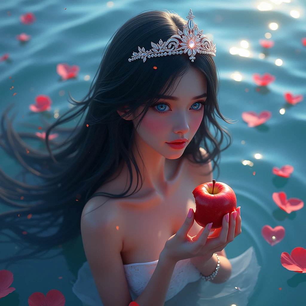 a beautiful woman with long, straight, jet-black hair, intense blue eyes, within a sea from which rose petals rain, She is with a bitten apple, a diamond crown on her head, with fog and red lights around it, the water reaches her waist. profile picture. animated digital art