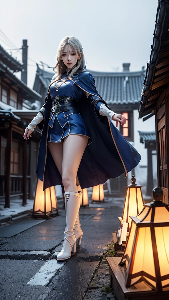 South korea assassin women mystery hooded on with modern royal Blue coat with long and wide sleeves with buttons and royal Blue cape and very high white heel over the knee and white gloves, As she reveals a small secret hidden blade coming from his palm , adding to the character's mysterious and agile appearance, with small movements of air on the cape, jump from roof to roof, in summer at night under the rain,medieval south korea house. sophisticated and highly detailed, ultra hd, realistic, hyper detailed, enhanced colours, ultra sharp focus, with vibrant, rich in details High quality, gorgeous, captivating, 8k, super detailed, stunning shadows, detailed lines, blood stain on coat and gloves, corpses in the street recently murdered
