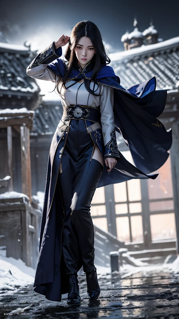South korea assassin women mystery hooded on with modern royal Blue coat with long and wide sleeves with buttons and royal Blue cape and very high white heel over the knee and white gloves, As she reveals a small secret hidden blade coming from his palm , adding to the character's mysterious and agile appearance, with small movements of air on the cape, jump from roof to roof, in summer at night under the rain,medieval south korea house. sophisticated and highly detailed, ultra hd, realistic, hyper detailed, enhanced colours, ultra sharp focus, with vibrant, rich in details High quality, gorgeous, captivating, 8k, super detailed, stunning shadows, detailed lines, blood stain on coat and gloves, corpses in the street recently murdered