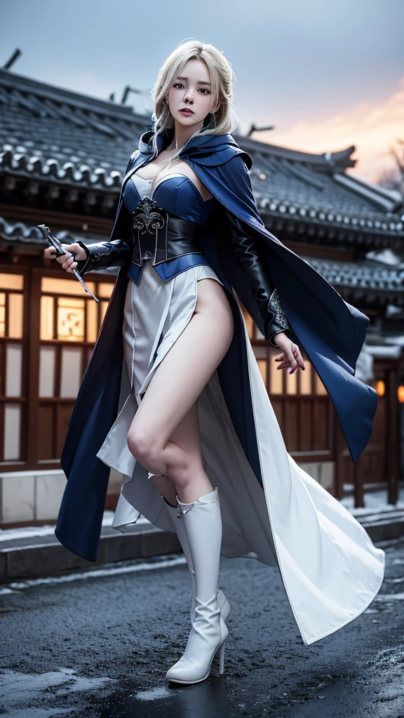 South korea assassin women mystery hooded on with modern royal Blue coat with long and wide sleeves with buttons and royal Blue cape and very high white heel over the knee and white gloves, As she reveals a small secret hidden blade coming from his palm , adding to the character's mysterious and agile appearance, with small movements of air on the cape, jump from roof to roof, in summer at night under the rain,medieval south korea house. sophisticated and highly detailed, ultra hd, realistic, hyper detailed, enhanced colours, ultra sharp focus, with vibrant, rich in details High quality, gorgeous, captivating, 8k, super detailed, stunning shadows, detailed lines, blood stain on coat and gloves, corpses in the street recently murdered
