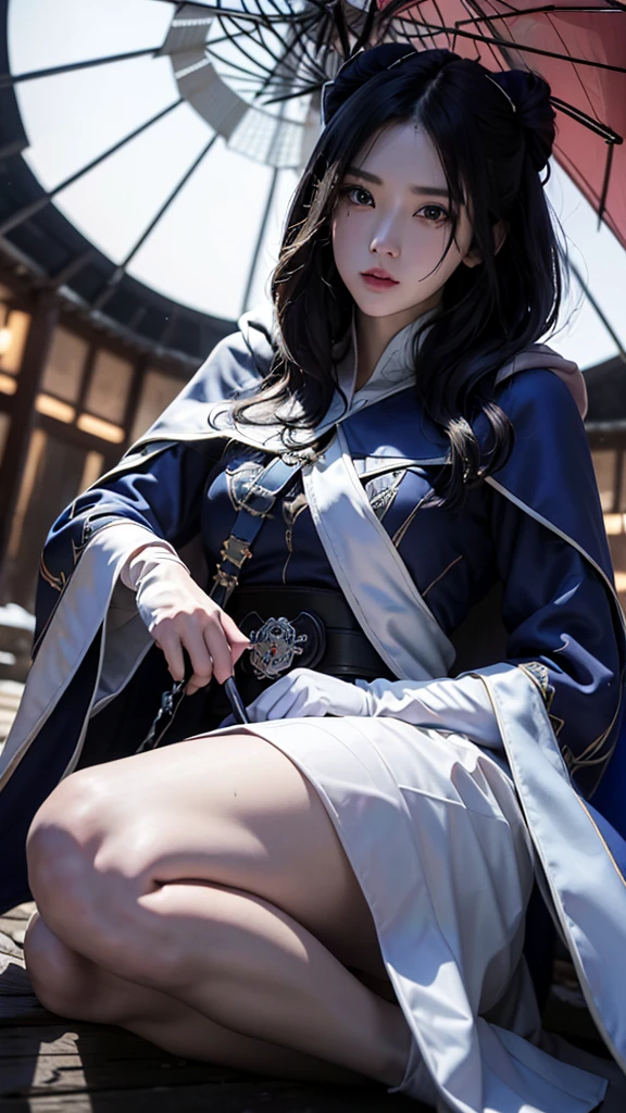 South korea assassin women mystery hooded on with modern royal Blue coat with long and wide sleeves with buttons and royal Blue cape and very high white heel over the knee and white gloves, As she reveals a small secret hidden blade coming from his palm , adding to the character's mysterious and agile appearance, with small movements of air on the cape, jump from roof to roof, in summer at night under the rain,medieval south korea house. sophisticated and highly detailed, ultra hd, realistic, hyper detailed, enhanced colours, ultra sharp focus, with vibrant, rich in details High quality, gorgeous, captivating, 8k, super detailed, stunning shadows, detailed lines, blood stain on coat and gloves, corpses in the street recently murdered