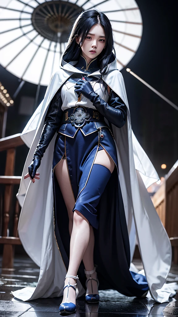 South korea assassin women mystery hooded on with modern royal Blue coat with long and wide sleeves with buttons and royal Blue cape and very high white heel over the knee and white gloves, As she reveals a small secret hidden blade coming from his palm , adding to the character's mysterious and agile appearance, with small movements of air on the cape, jump from roof to roof, in summer at night under the rain,medieval south korea house. sophisticated and highly detailed, ultra hd, realistic, hyper detailed, enhanced colours, ultra sharp focus, with vibrant, rich in details High quality, gorgeous, captivating, 8k, super detailed, stunning shadows, detailed lines, blood stain on coat and gloves, corpses in the street recently murdered