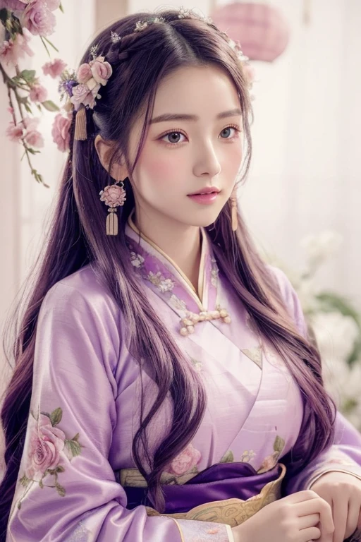 A photorealistic portrait of a beautiful young woman in traditional Chinese hanfu, with long flowing lavender hair adorned with ornate hair accessories, pastel pink and purple color scheme, intricate details on clothing with floral embroidery and tasseled jewelry, soft dreamy background with pink roses and hanging ornaments, ethereal and romantic atmosphere.