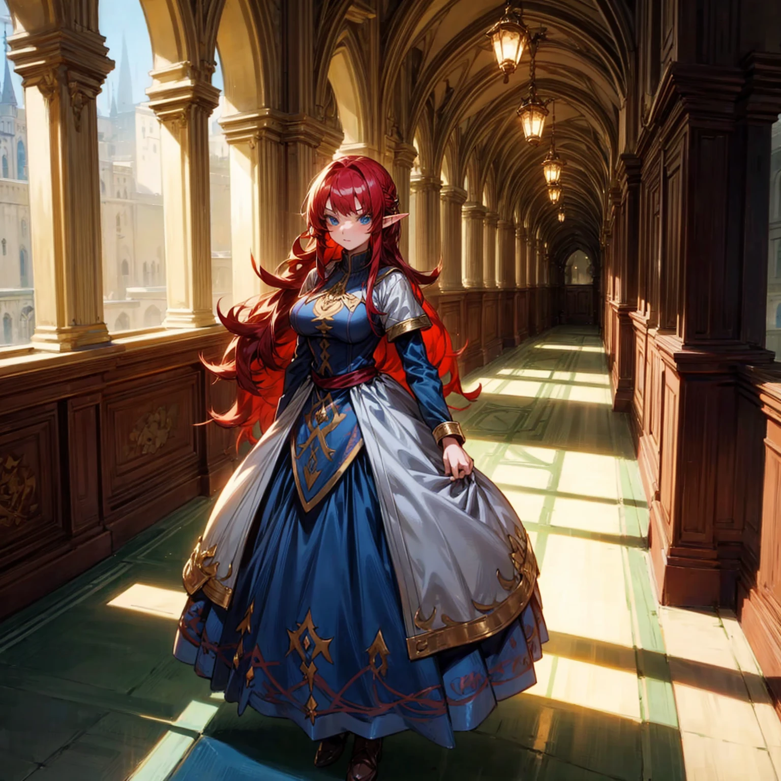 Solo character, full body version, young girl, (elf), blue eyes, red color hair, long Curly haircut, His hair covered his eyes, dress princess outfit, indoor, street corridor, Castle, medieval, detailed background, detailed clothing, detailed hair, standing gesture, (Hunter x Hunter style art), big breast 