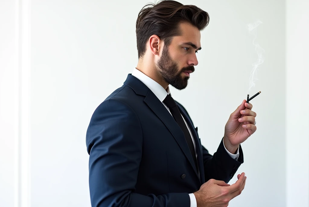 side photo of man wearing a dark blue suit smoking , model , white background, posing , photoshooting