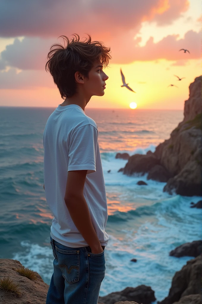 Realistic photo of a teenager looking at the sea