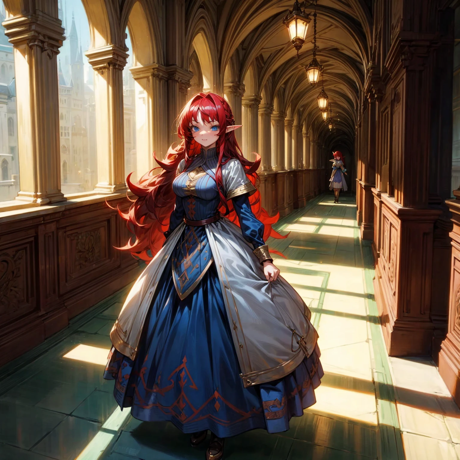 Solo character, full body version, young girl, (elf), blue eyes, red color hair, long Curly haircut, His hair covered his eyes, dress princess outfit, indoor, street corridor, Castle, medieval, detailed background, detailed clothing, detailed hair, standing gesture, (Hunter x Hunter style art), big breast 