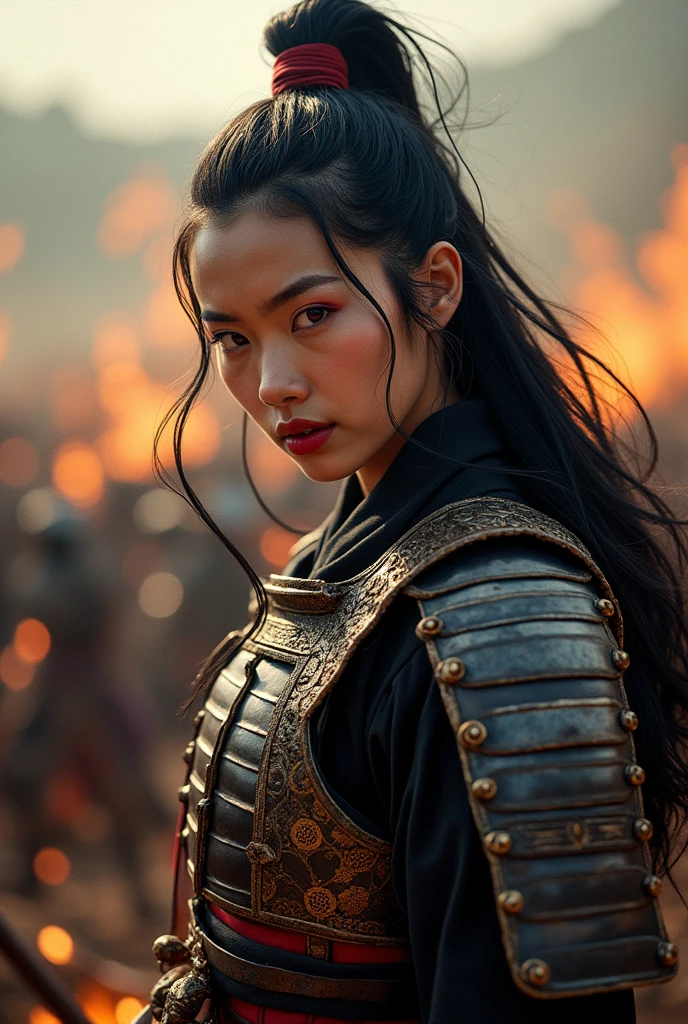 (masterpiece:1.2), (best quality:1.2), 8k, HDR, ultra detailed, ((photorealistic)), professional light, cinematic lighting, fashion photography, ambient lighting, background, Japan Female Samurai、Female warriors of the Sengoku period、wearing samurai armour, not wearing a helmet、Scene of fierce fighting、There are many people fighting around、Flames are rising all around、Sense of presence。Real、Genuine、26 age、Black Hair. make up, red lips.