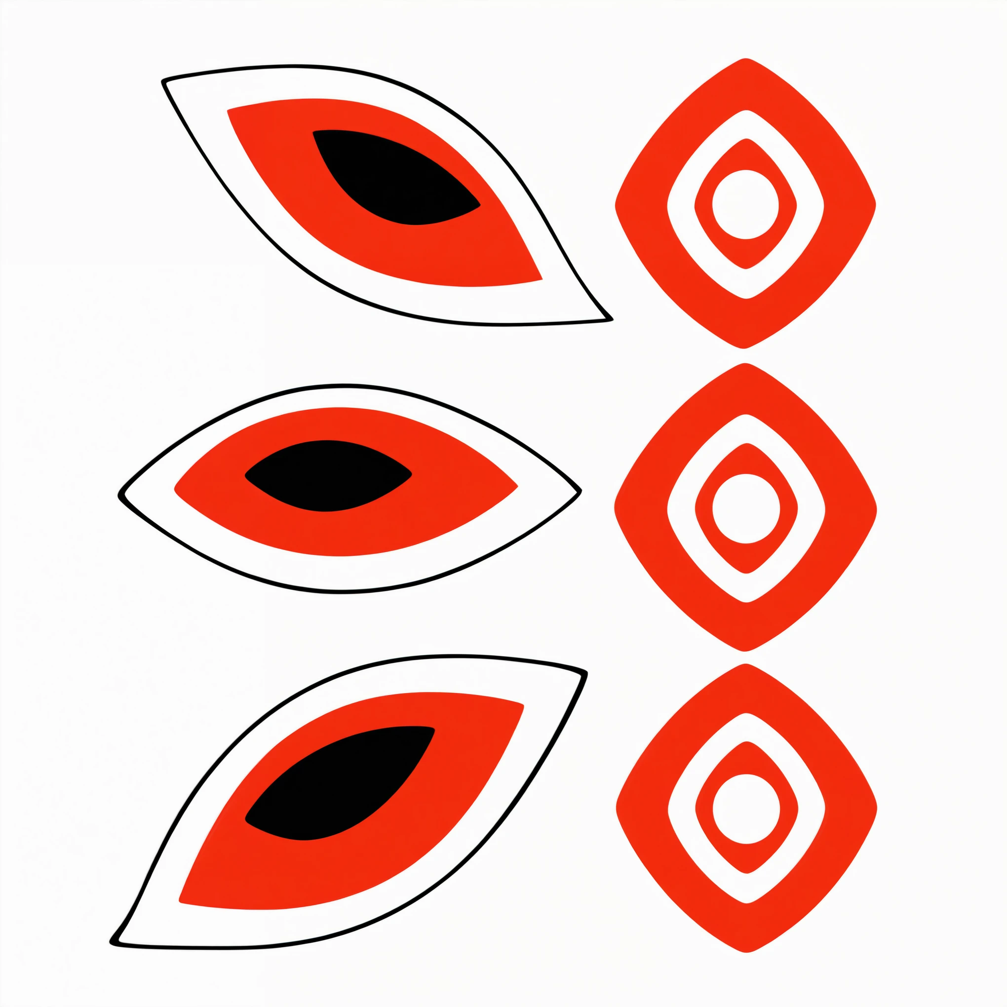 there are three red eyes on the right and three white eyes with black and red on the left, red left eye stripe, red and white and black colors, one eye red, black and white and red colors, red white and black color scheme, red left eye, red black and white, red black white colors, red white and black colors, black white and red colors