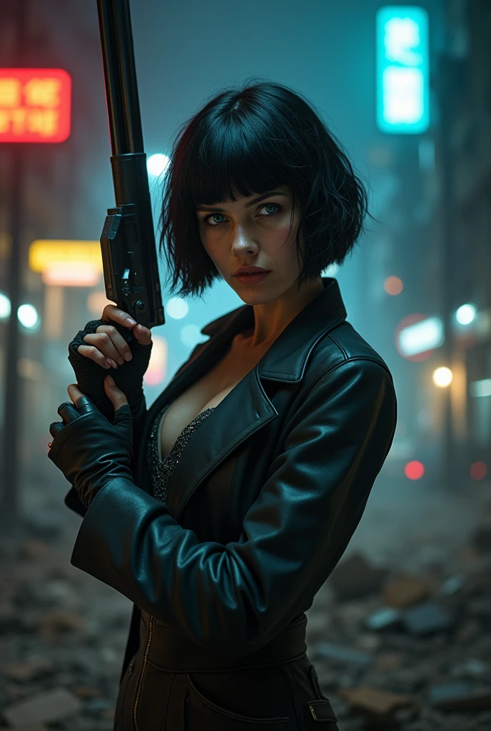 woman with short black hair, blue colored eyes, she has bangs, She holds a 12 gauge shotgun, make an image like an action movie.