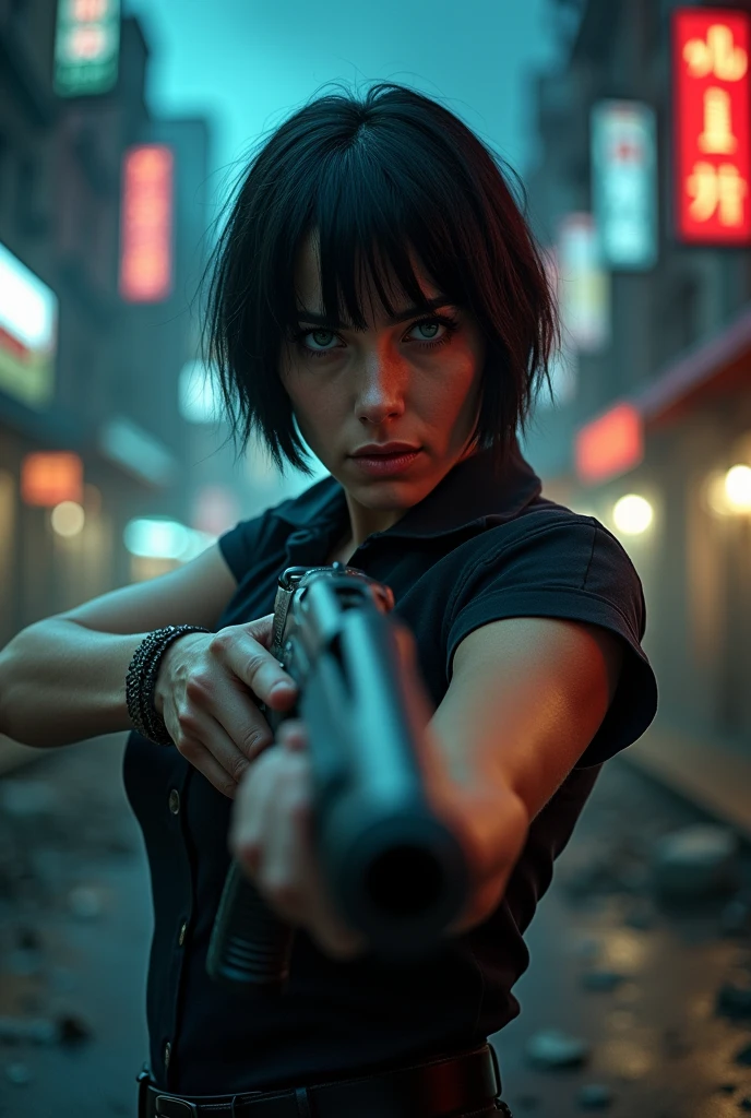 woman with short black hair, blue colored eyes, she has bangs, She holds a 12 gauge shotgun, make an image like an action movie.