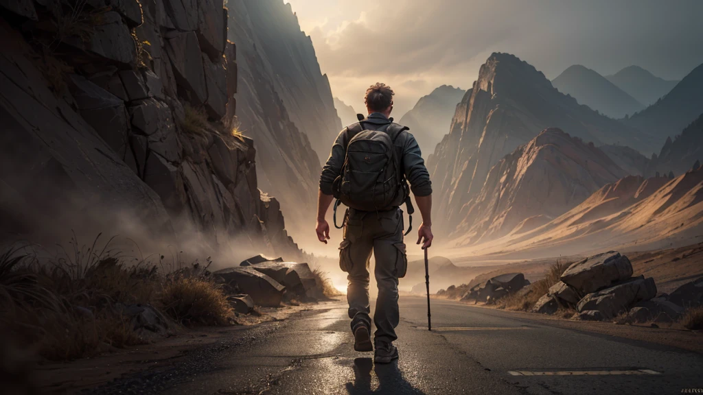a man with a backpack walking on a dirty road, detailed realistic portrait,(best quality,4k,8k,highres,masterpiece:1.2),ultra-detailed,(realistic,photorealistic,photo-realistic:1.37),detailed clothing,detailed background, cinematic lighting, moody atmosphere, warm color tones, dynamic pose, dramatic shadows, gritty textures, adventure landscape, cinematic composition