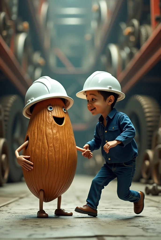 An almond disguised as an engineer with a white helmet dancing with an engineer with a white helmet and a navy blue shirt