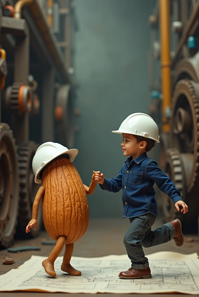 An almond disguised as an engineer with a white helmet dancing with an engineer with a white helmet and a navy blue shirt