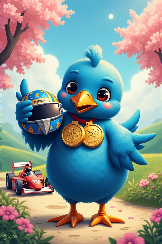A dodo 🦤, with blue feathers, holding a racing helmet between its wing, on its neck 2 Olympic gold medals, and with its beautiful racing car behind it. A cute Japanese style drawing