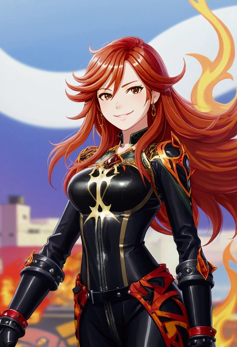 mavuika, pretty women, fire hair, realistic, pretty face, detailed face, real women, dark fantasy, high quality, tight latex clothing, smiling face, long fire hair