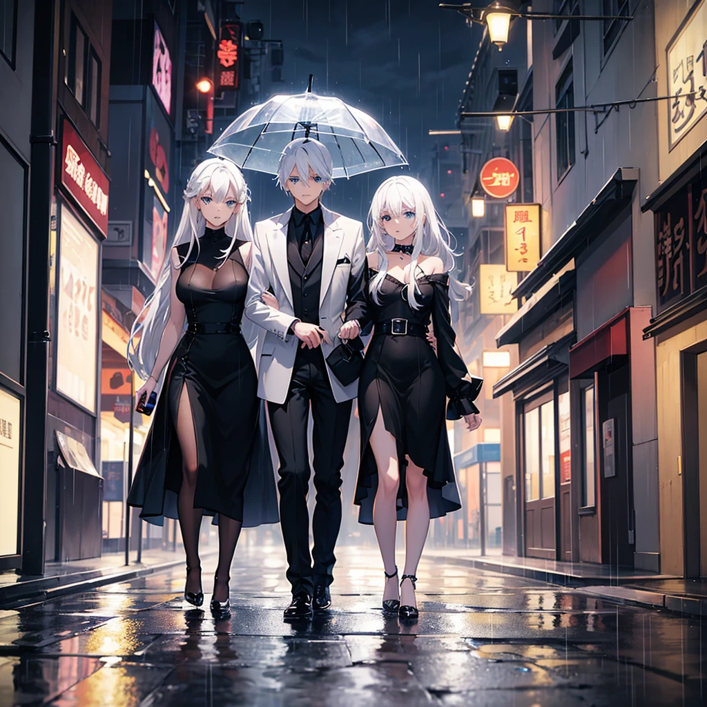 women, anime, White hair, Blue eyes Diamond, elegant black dress, night time, on the street, walking, under the rain.