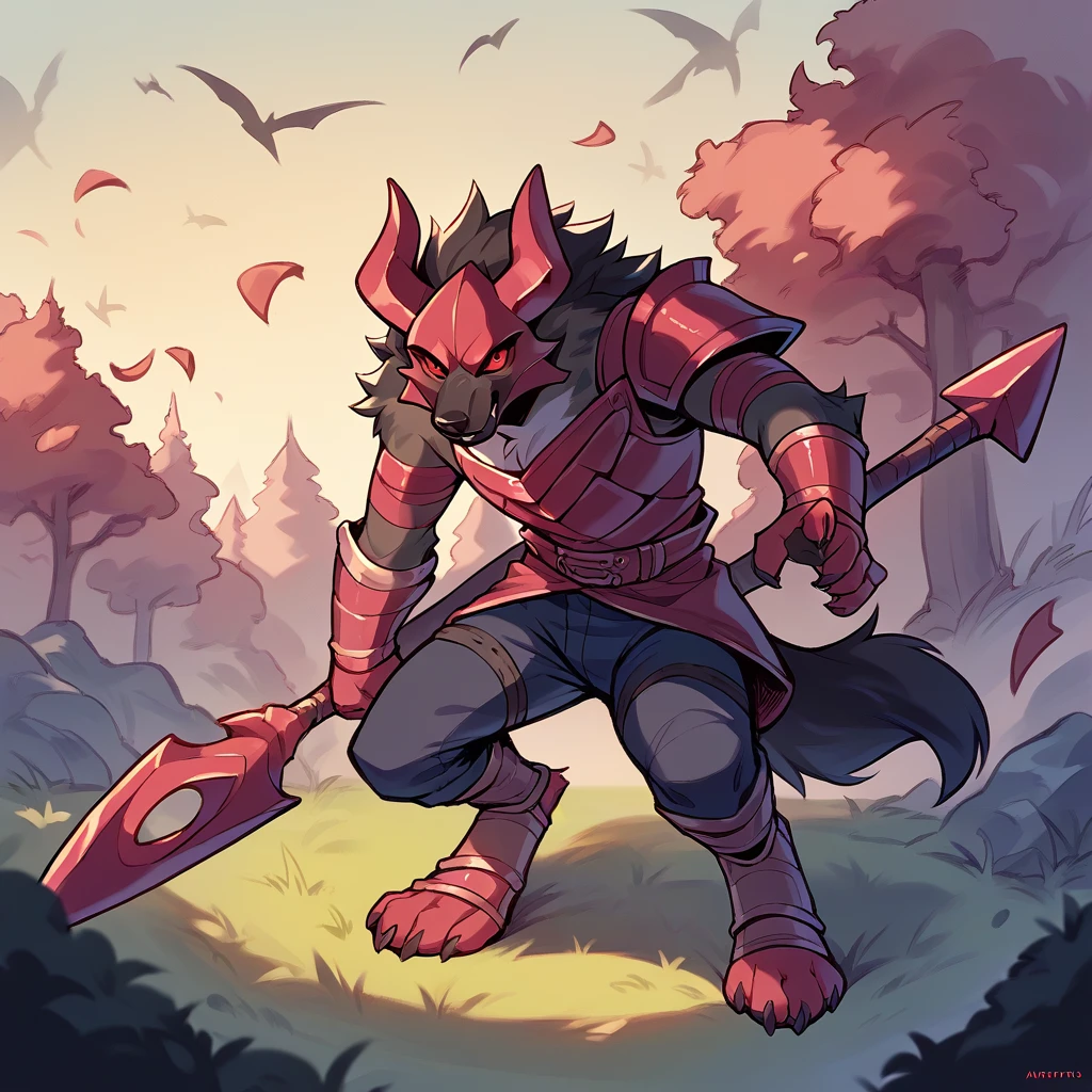 averyhyena, score_9, score_8_up, score_7_up, score_6_up, furry, Evil Rabbit with ebony black fur and crimson eyes in demonic armor (outdoors night)