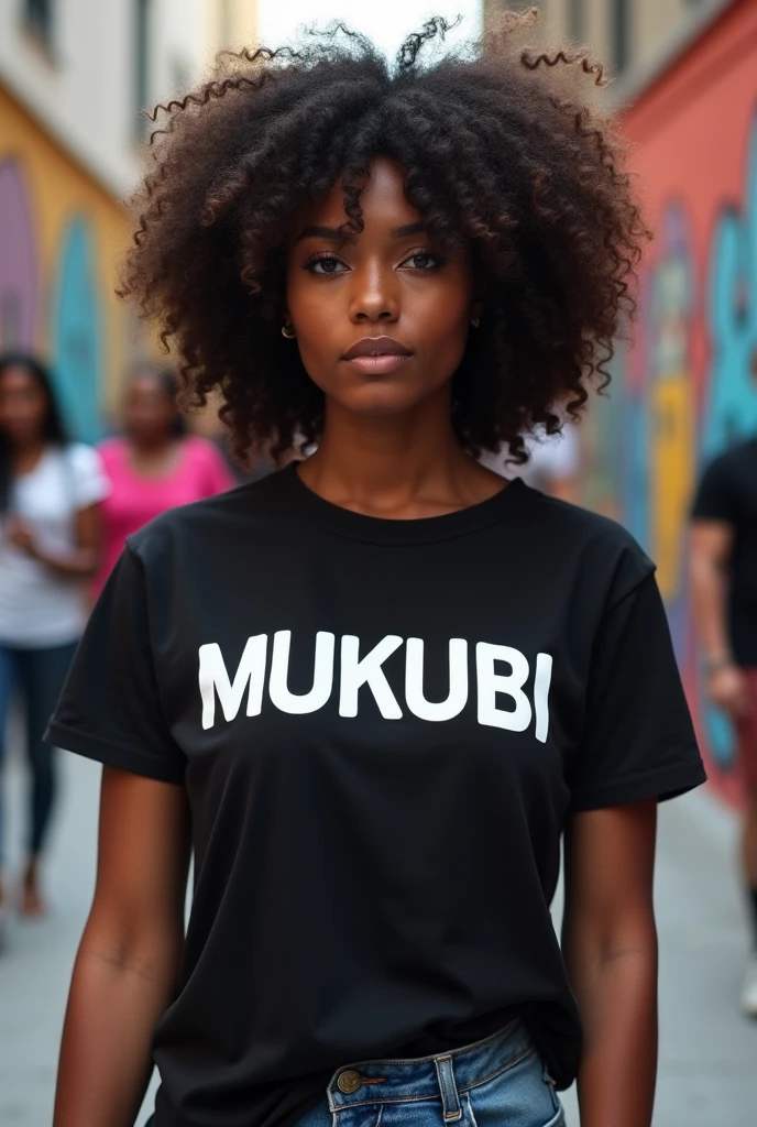 Black woman wearing BLACK t-shirt named MUKUBI