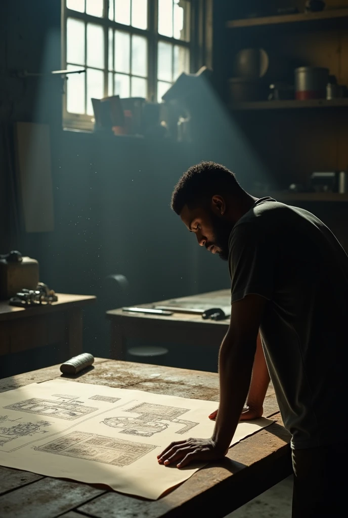Young beardless black man looks at blueprints in a dark workshop