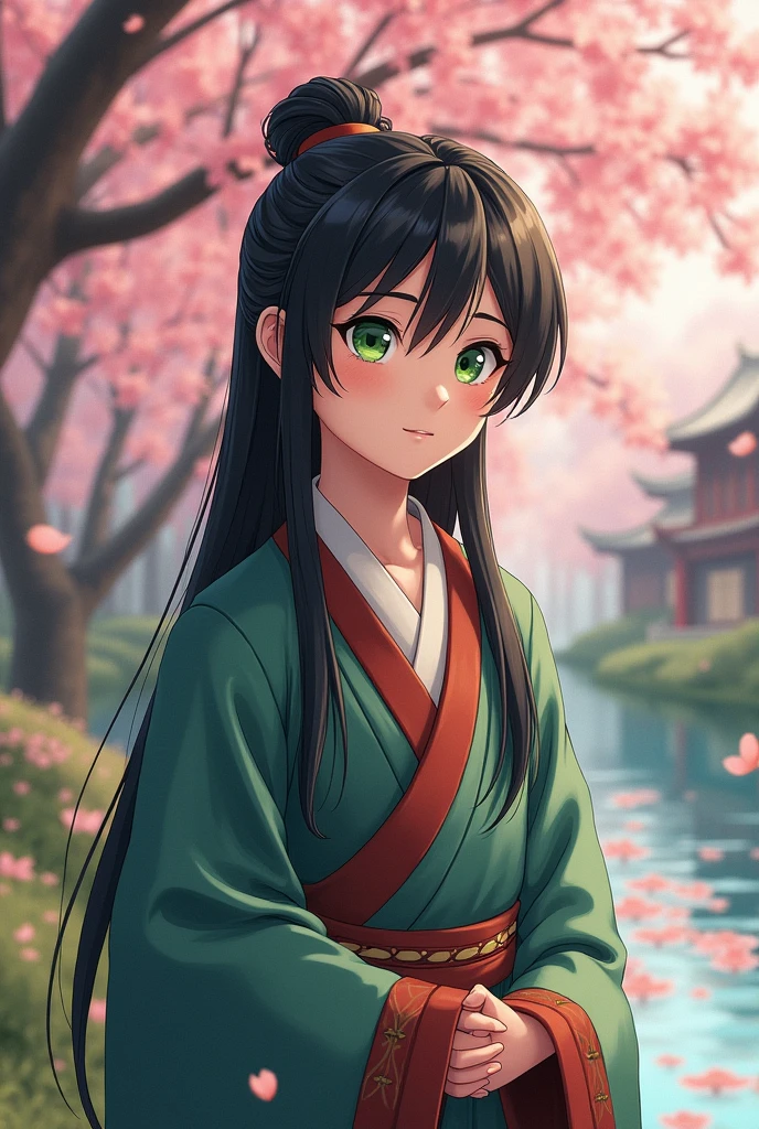 In anime art  style A young boy with long silk black hair and green eyes in disciple old Chinese clothes 