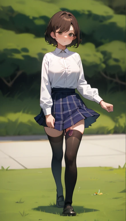 One Girl、Positive、From above、Full body portrait、Brown haired、Medium Haircut、blush、Absolute area、Knee socks、stockings、Black knee-high socks、White underwear、Cleavage、Light blue cut shirt、Unbutton your shirt、Shirt buttons fly off、Navy blue checkered pleated skirt、Very short skirt、garden、Daytime、(Very big boobs)、((Full Body Lesbian))、masterpiece、(highest quality)、Panties around the ankles、loafers、The wind blows up my skirt、vibrator in thighhighs