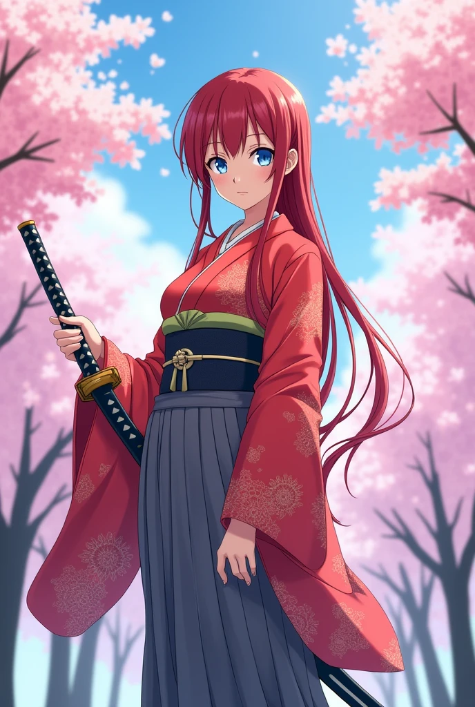 Anime, Japanese woman in a kimono, with blue eyes, red hair, long hair tied low, gray hakama, crimson clothes, a katana on her left hip, large breasts, and a big butt.