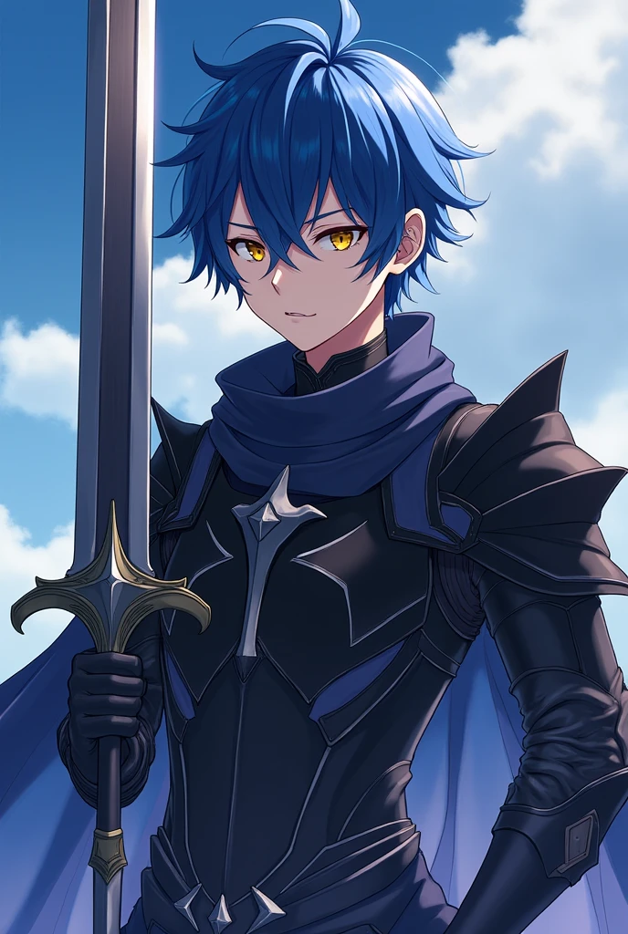 Anime young man, short hair, 1.80 meters tall, 19 years old, with big greatsword, blue hair, golden eyes and pitch black armor.