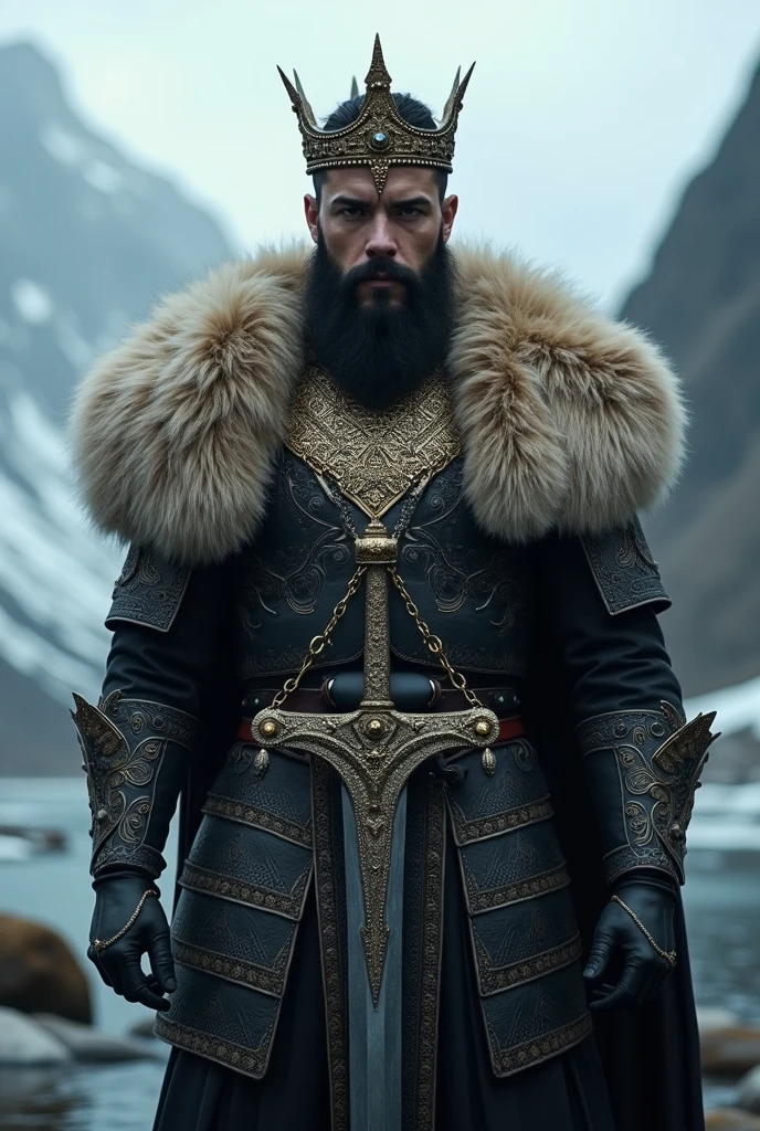 Slender Viking Warrior , with black hair and beard , with majestic black armor full of details and polar bear skin , with a gold necklace and a king's crown , accompanied by a majestic sword