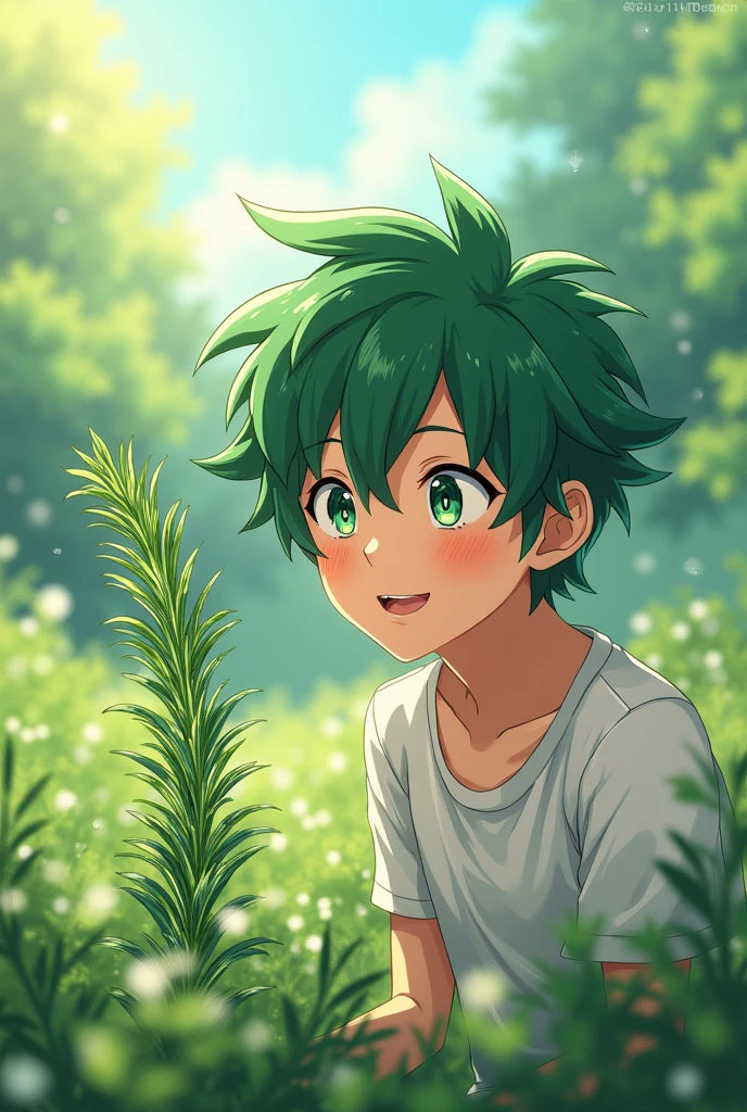 A sprig of rosemary and a 17-year-old anime boy with green hair and emerald eyes standing next to it, smelling its aroma and saying 'rosemary extract'